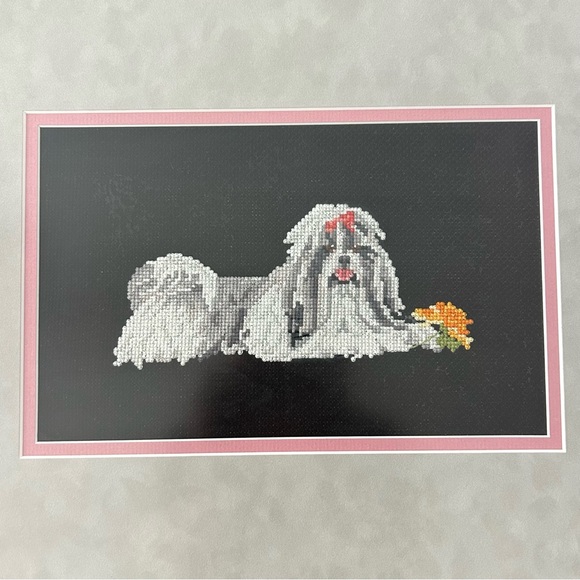 Vintage Cross Stitch Shih Tzu Black Framed Matted Dog Handmade Wall Art 18x15” - Picture 2 of 6